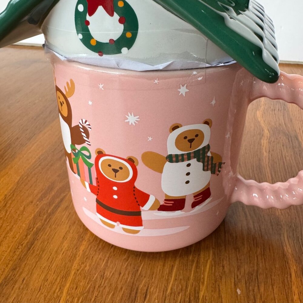STARBUCKS 2025 Holiday Bear House Mug Roof Lid 14oz Limited Edition Pink Green - Picture 4 of 7
